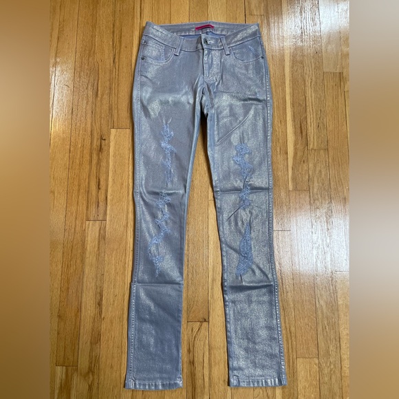 Women’s Alice & Olivia Purple Metallic Distressed Straight Leg Jeans NEVER WORN